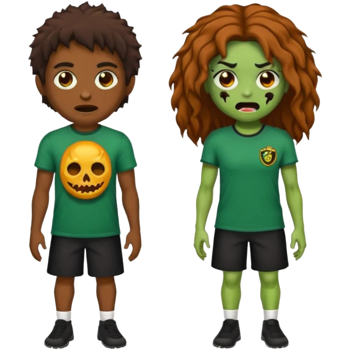 crie um emoji de uma garota zoombie cabelo castanho e longo , assustadora e fofa com cabelo ondulado 2b e camiseta básica preta emoji