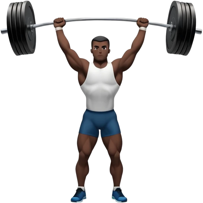 Emblem representing weightlifting with a strong athlete in a classic lifting stance, holding a barbell overhead. Dynamic, powerful pose with a focus on strength. Clean lines, bold silhouette, and transparent background, symbolizing the intensity and discipline of the sport emoji