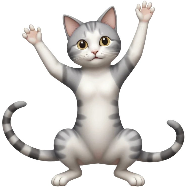 grey and white cat doing a big long stretch reaching up into the air with arms and legs together emoji