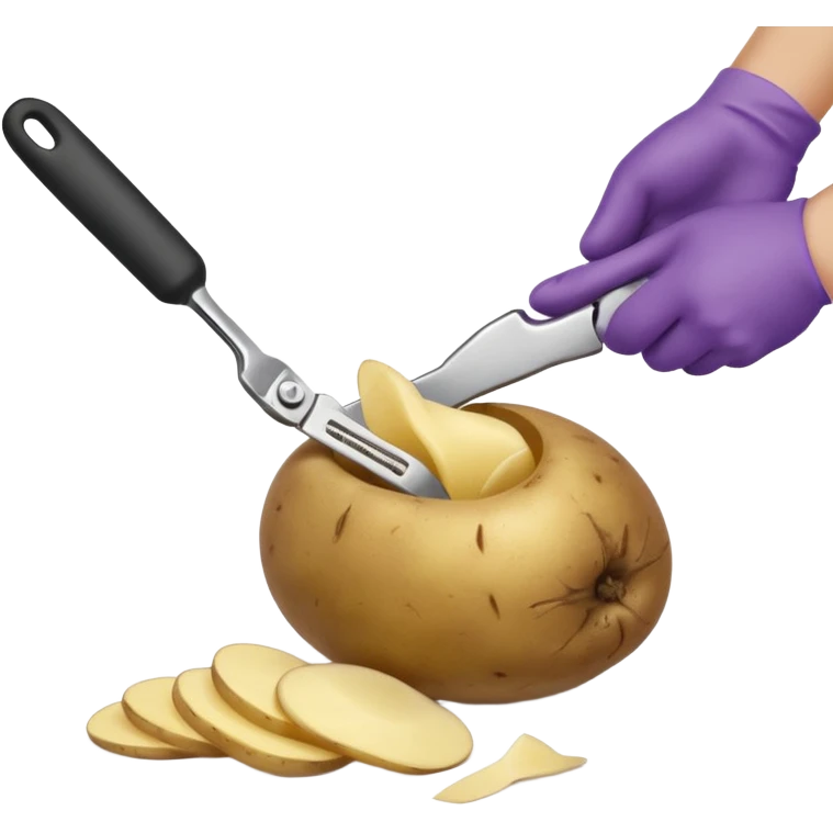 hand peeling a potato with a small kitchen peeler, potato skin curling off, simple white background, realistic textures, clean and bright, fun expressive design



 emoji