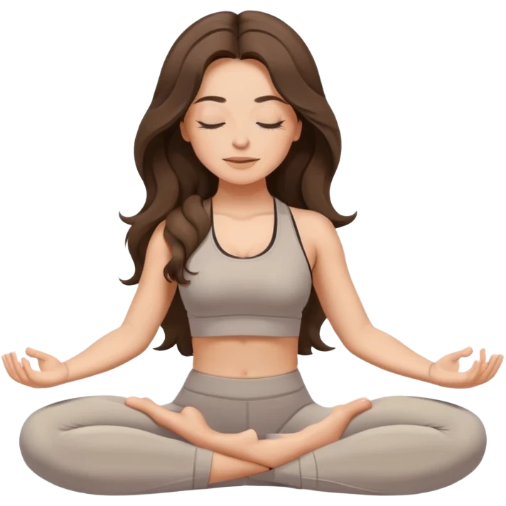 Brunette long wavy hair Woman wearing neutral colour gym set with eyes closed and long eyelashes doing yoga mediation  emoji