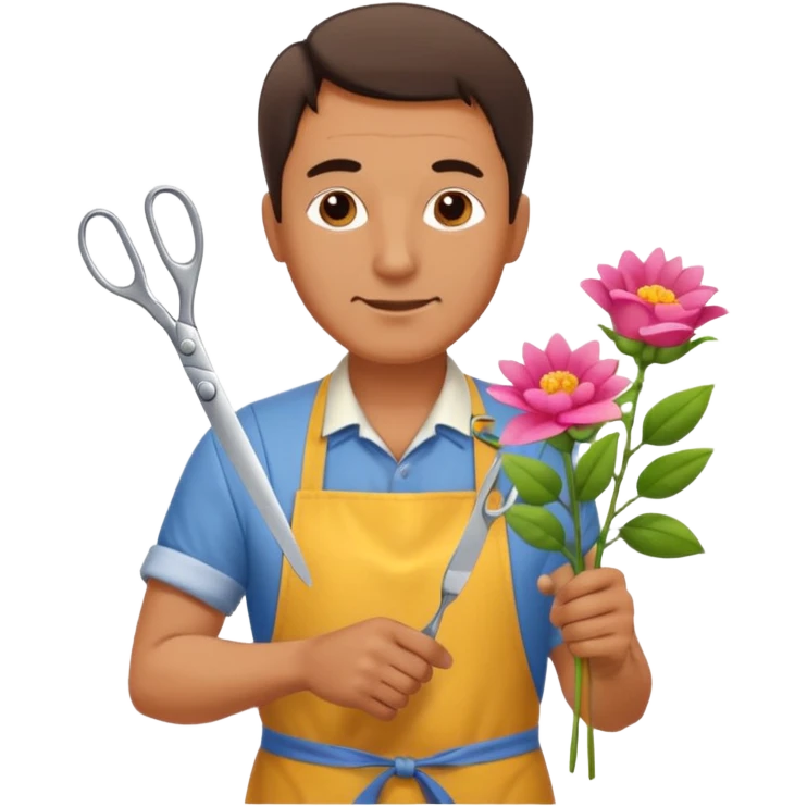 Middle-aged male florist – apron on, trimming stems with scissors emoji