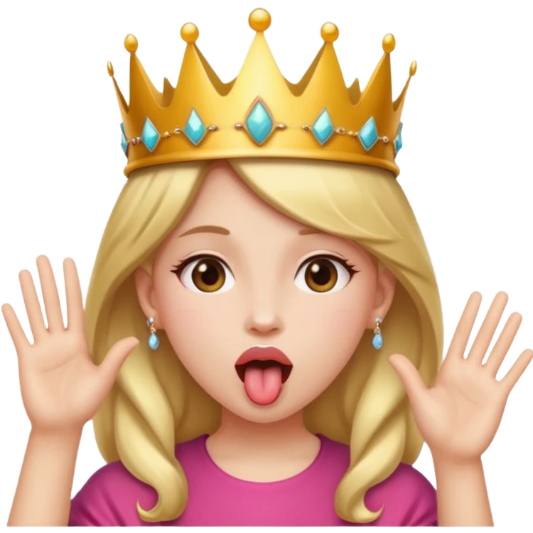 A girl with a tongue out, and her hands are in and out position up by her face and she has a crown on emoji