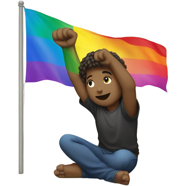 Person holding fist up kneeling on ground rainbow flag behind emoji