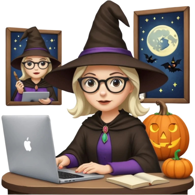 A female video editor wearing glasses, dressed like a witch with a pointed hat, sitting at a laptop editing a video, cinematic lighting, cozy creative studio, professional look, high quality, realistic emoji