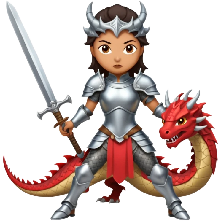 Fierce Latina in armor with a sword in a losing battle with a dragon emoji