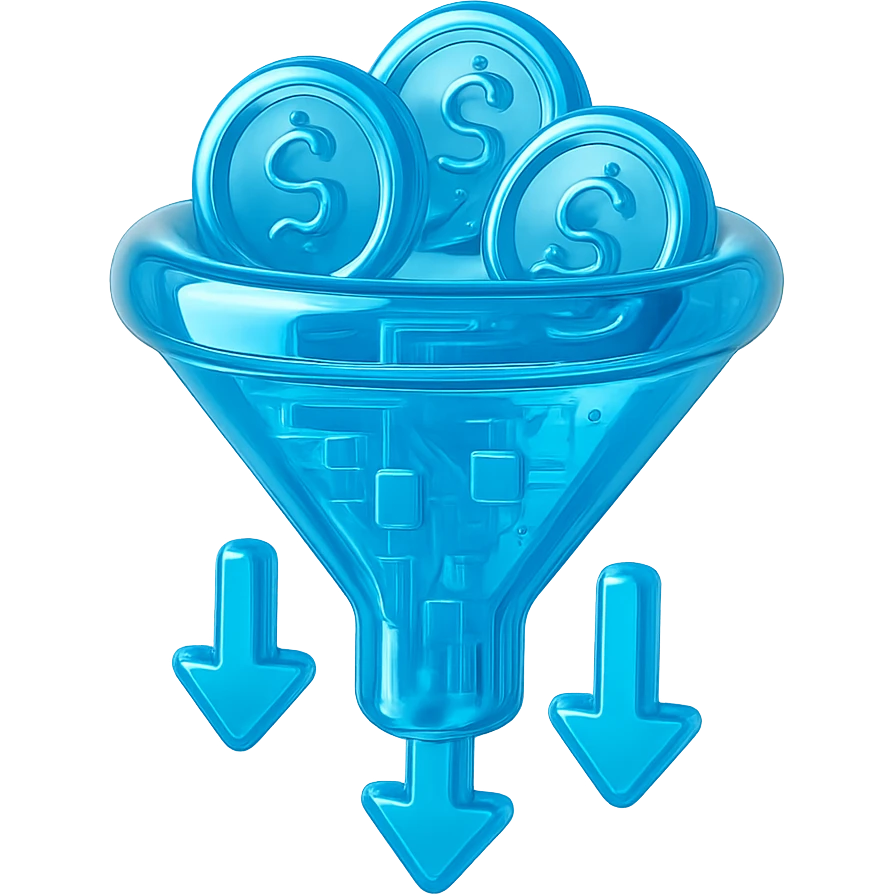 Flat icon of a funnel with coins and arrows, cyan blue emoji