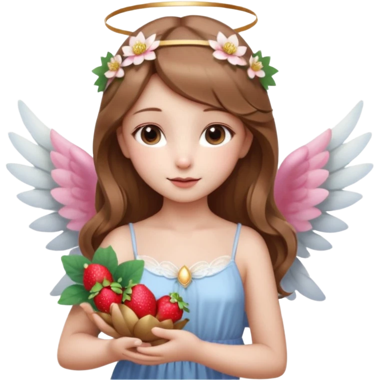 یه دختر زیبا با موهای قهوه ای روشن که مثل یک فرشته است و تازه متولد شده به همراه گل نیلوفر لای موهاش بالای گوشش و همراه با نیلوفرهای آبی و یک گل نیلوفر ترکیب شده با توت فرنگی در دست راستش. لباسش تصویر خرس داشته باشه روس emoji