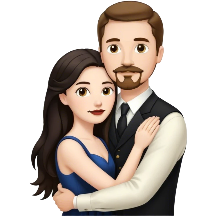 married couple portrait, tall white man with brown hair goatee mustache embracing a pale woman with long black hair, wearing formal clothing emoji