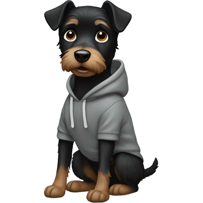 small black terrier with grey hoodie, full body.  emoji