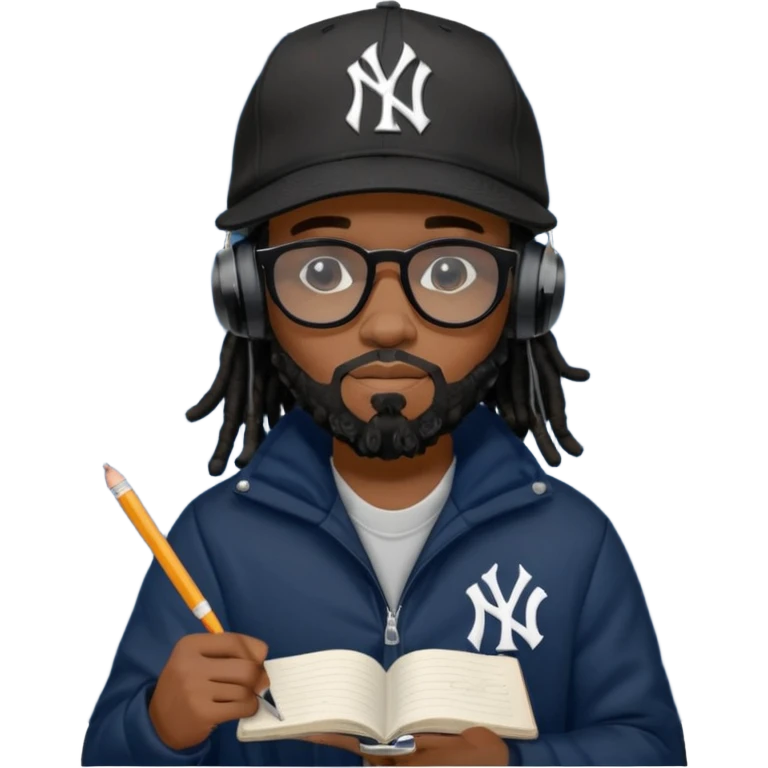 African American man with shoulder length black dreadlocks with black beard wearing black sunglasses wearing a black New York Yankees logo baseball cap wearing a black bubble winter coat wearing headphones writing a rap song in notebook emoji