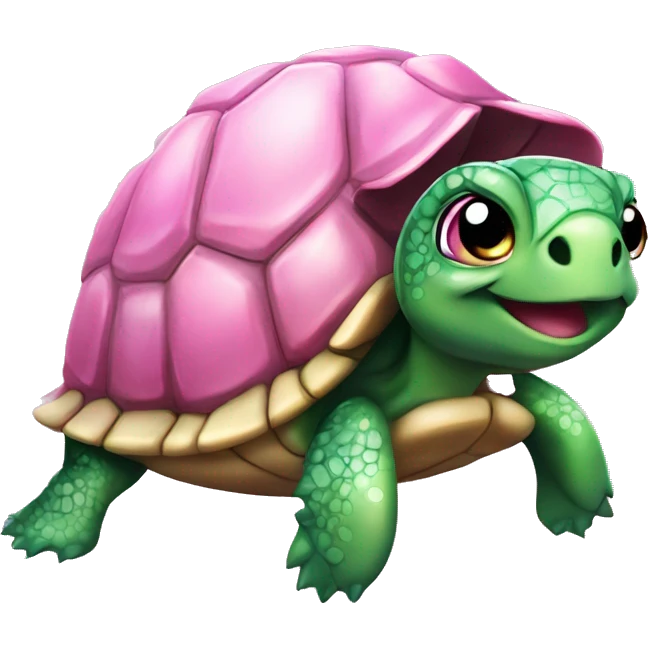 cute turtle, with a green sparkly shell, a small bow pink bow on its head emoji