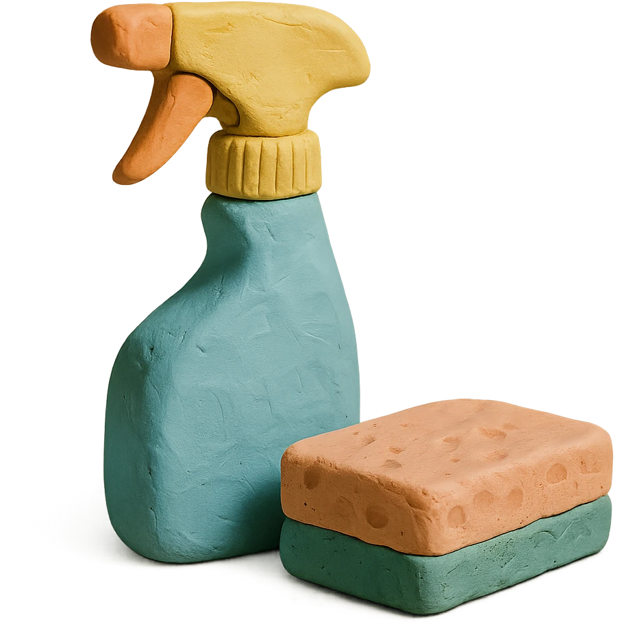 spray bottle and sponge in claymation style, pastel colors, visible fingerprints emoji