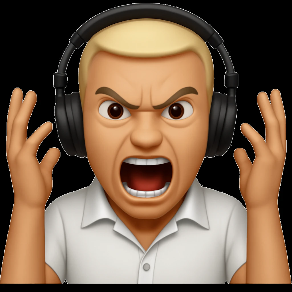 Make the bold guy with headphones look angrier and more intense while screaming in the style of apple emojis. emoji