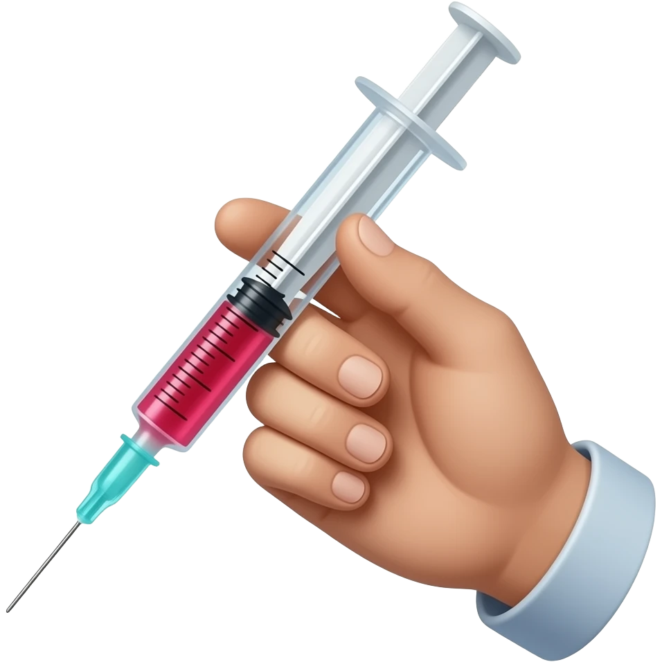 A dainty male hand holding a syringe with glowing neon-red-blue liquid inside emoji