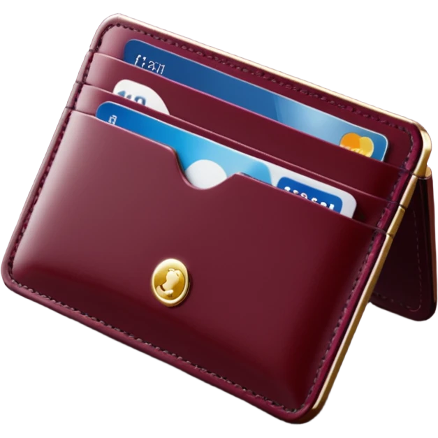 A professional studio photograph of a high-quality, slim leather card holder. The card holder is in [deep Burgundy color with a high-gloss patent enamel finish, reflecting light like a jewel .It features precise stitching and minimalist, elegant metal hardware emoji
