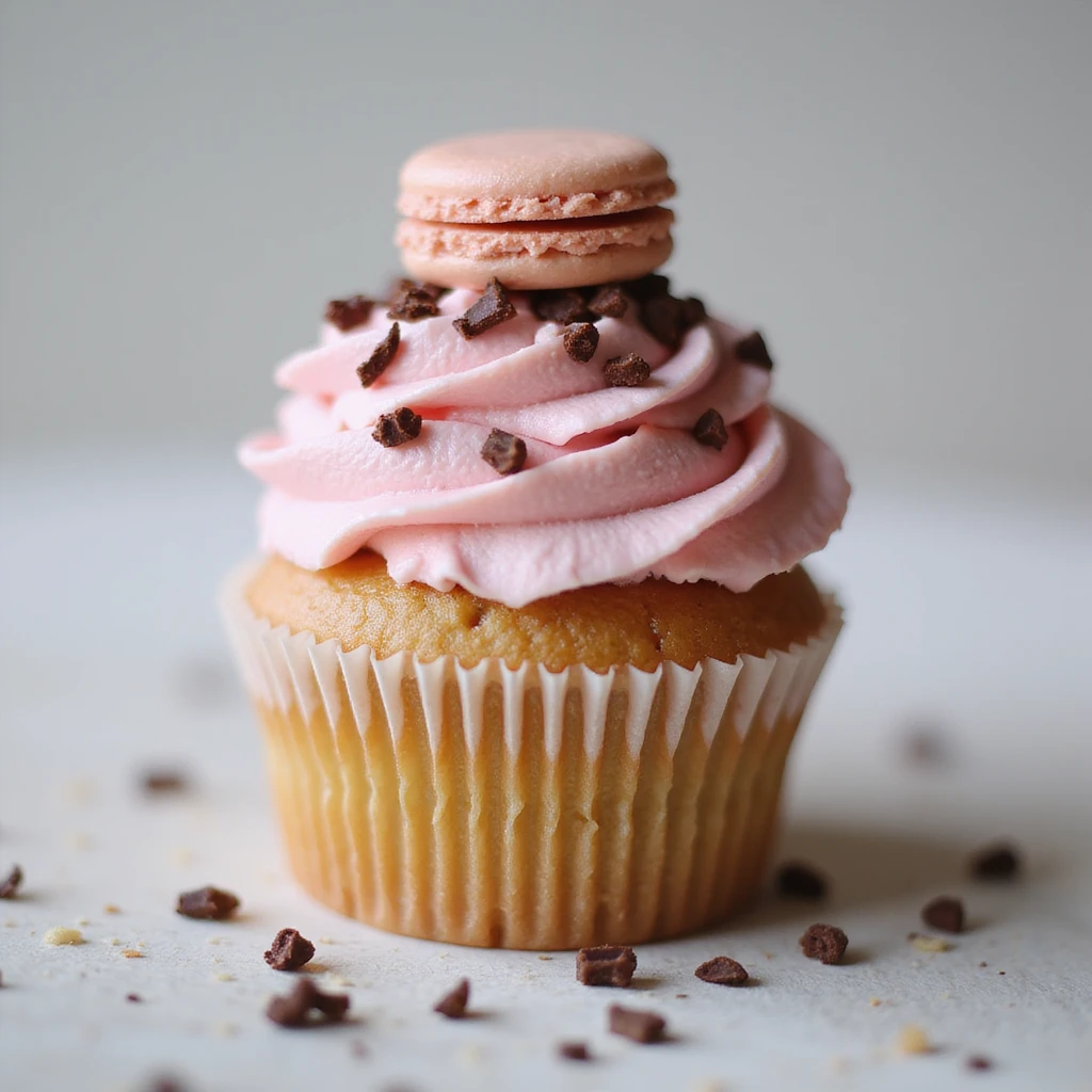 realistic cupcake with pink icing, photorealistic style, with a mini macaron and chocolate curls as accessories emoji