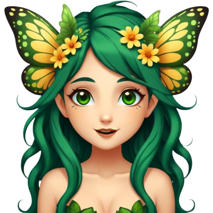 Cinematic Realistic Forest Nymph Fairy Portrait, head tilted dramatically with an exaggeratedly amused expression, featuring a striking, nature-infused form with glowing, sun-kissed tanned skin and vividly detailed dark green hair adorned with floral accents. Her expressive eyes brim with playful forest mischief, rendered with vibrant, lifelike textures and dynamic dappled lighting that conveys a spirited, over‐the‐top woodland whimsy showing her large butterfly wings from her back. emoji