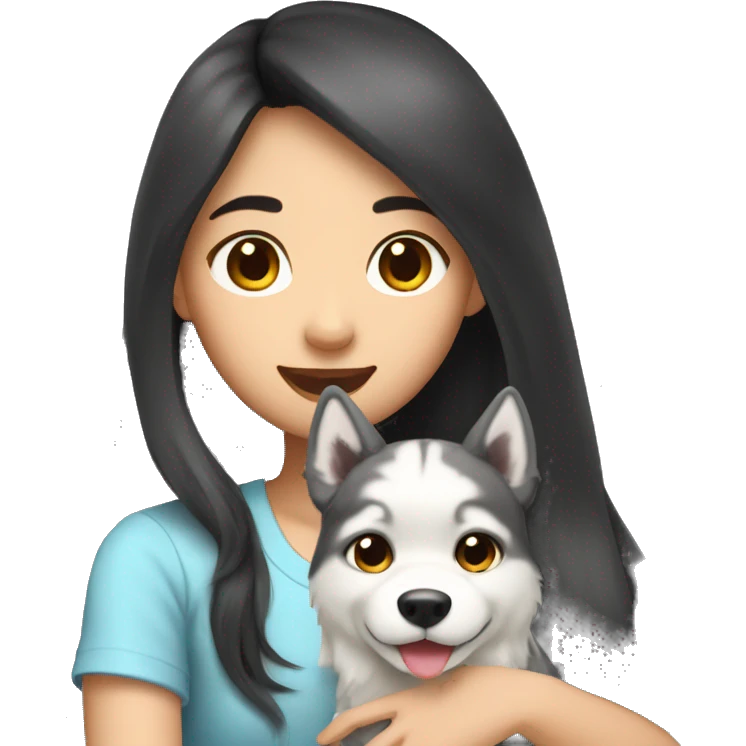 Long hair Asian Girl petting husky dog emoji