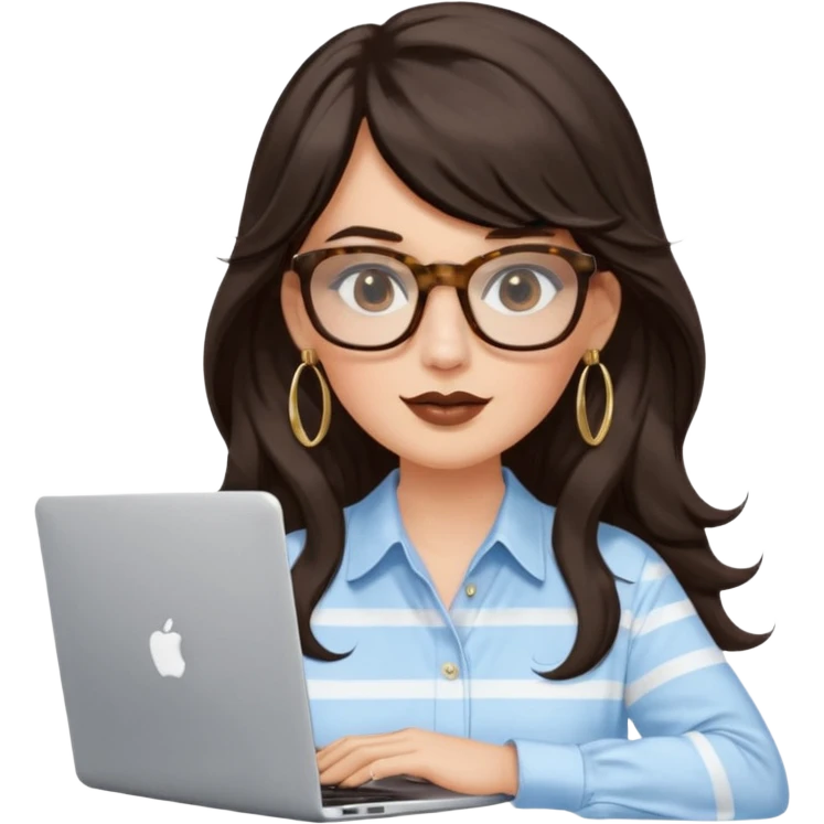 A white woman with long wavy dark brown hair and a whispy bang, wearing thick tortoise SQUARE glasses, gold drop earrings. She has long lashes and a nude browny glossy lipstick. She's wearing an oversize light blue shirt with white vertical strips. She's working on a laptop emoji