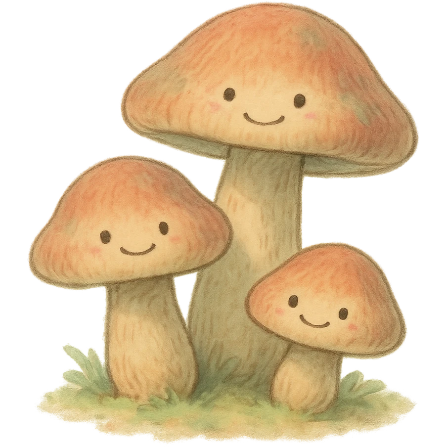 cute small mushroom cluster, soft pastel Japanese hand-drawn, full object, transparent background, with tiny smiling faces emoji