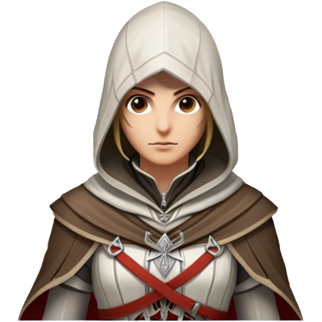 icon featuring Assasin's Creed in an iconic assassin's hood, standing tall. Florence is on background. The design captures the essence of adventure, with intricate details of historical architecture and a sense of mystery. The character is poised, ready for action. transparent background. emoji