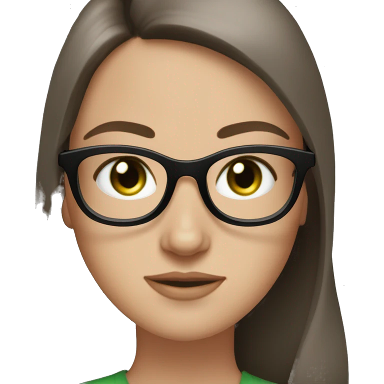 white girl, green hazel eyes, dark brown straight long hair, black round glasses, freckles emoji