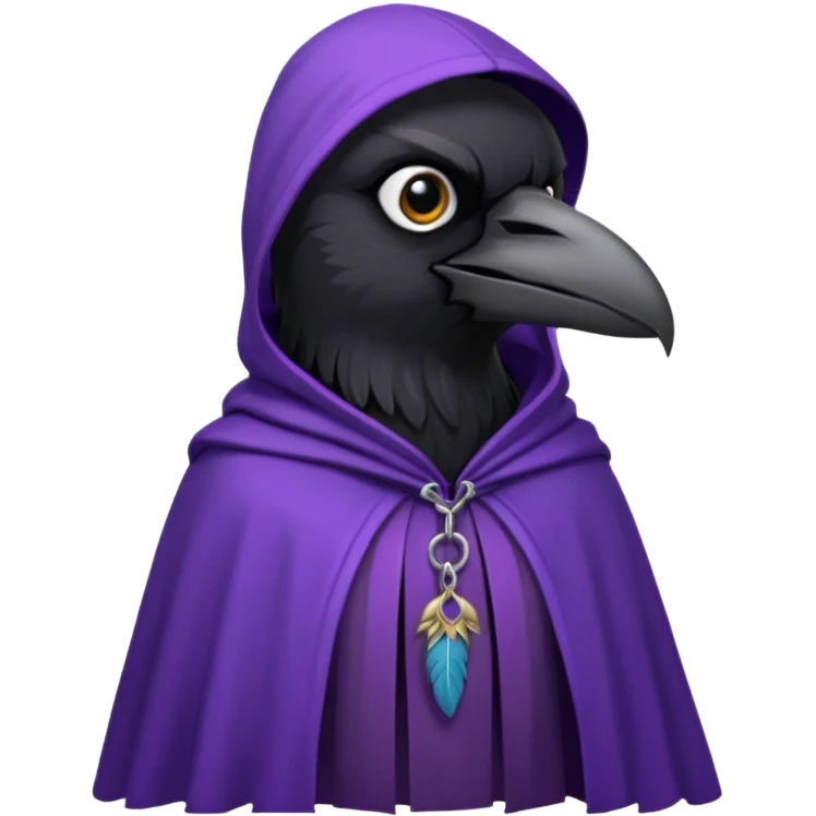 black realistic raven wearing a purple hooded cloak emoji