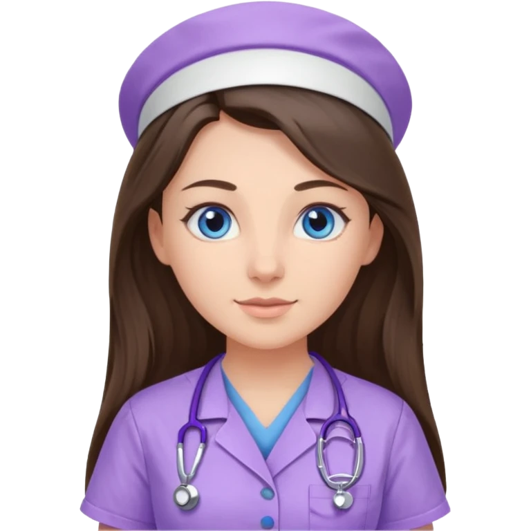 pretty brunette nurse with long hair and blue eyes in lilac scrubs emoji