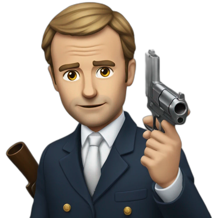 Macron qui caresse un chat avec un pistolet emoji