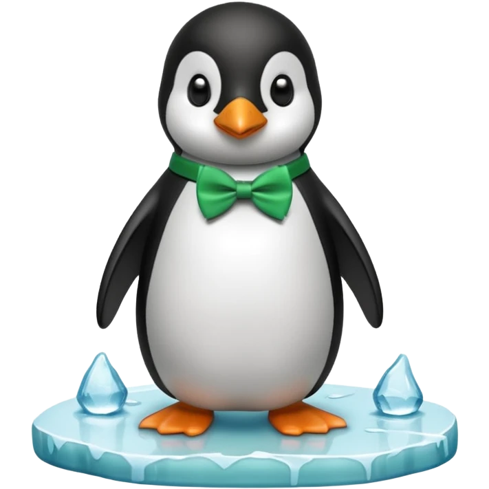 penguin, green bow tie, standing on small ice melting block emoji