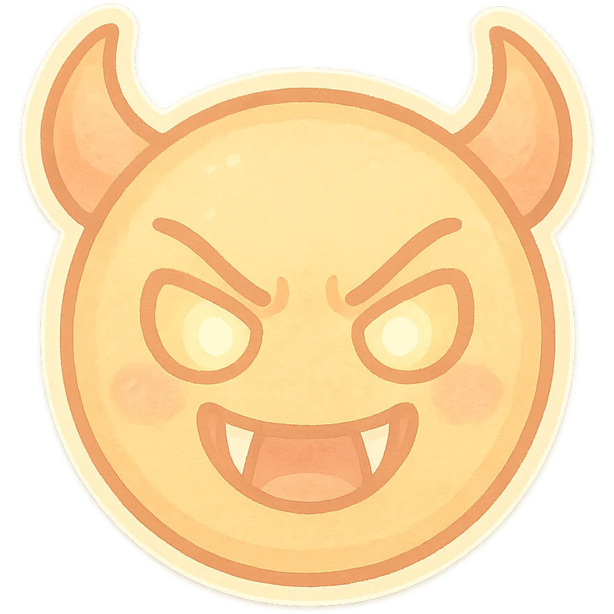 devil emoji, chibi style, pastel palette, yellow and peach, sharp fangs, glowing eyes, dramatic shadows emoji