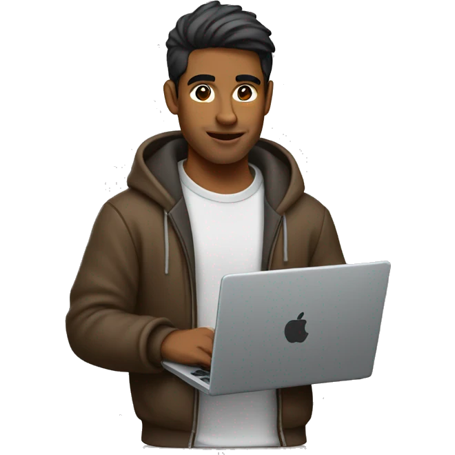Brown guy wearing a hoodie with a wolfcut holding a laptop emoji