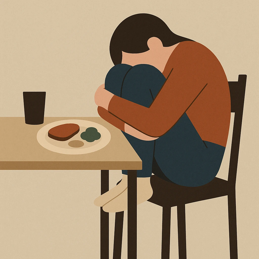 a person hiding their sadness and eating disorder, sitting with knees to chest at a table, head down, untouched meal, muted color palette, minimalist style emoji