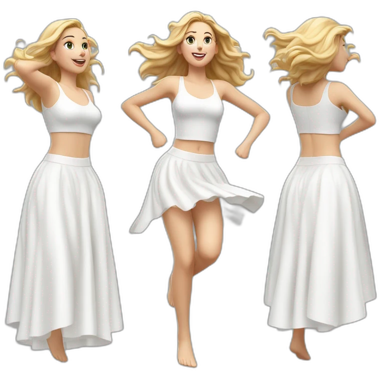 Hyperrealistic Full body Caucasian curvy beauty jumping white skirt back and front views strong wind emoji