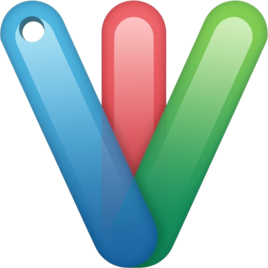 Minimal flat vector logo, 3 Pantone-style swatches forming a “V”. Rounded corners, subtle gradients, no outlines or shadows. Left swatch with small pivot hole. Colors: blue, red, green. Clean, modern, tech style. No text. emoji