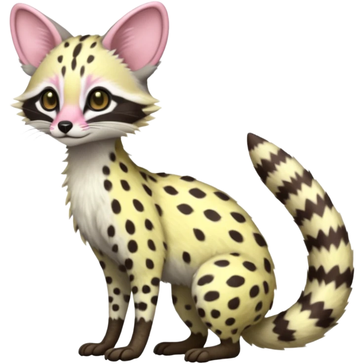Pastel White and pastel yellow with pastel Pink-spotted genet-Trico-Vernid-Cacomistl-Fakémon-hybrid-fusion-creature (full body) emoji