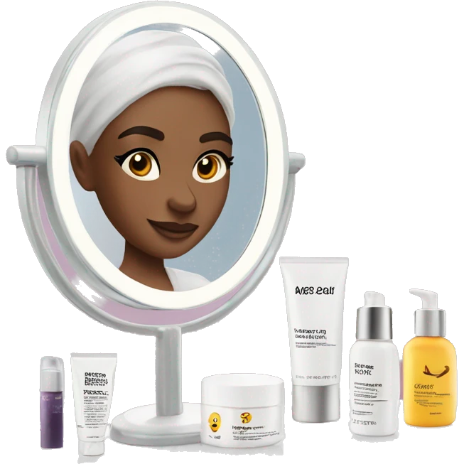 skincare routine on a white makeup vanity with mirror  emoji