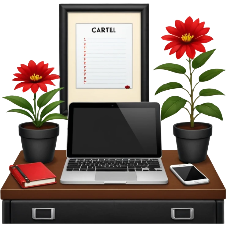 Cartel en español que diga F U E R A    D E    O F I C I N A y detrás un escritorio moderno, con una notebook, una agenda y una planta con una flor emoji