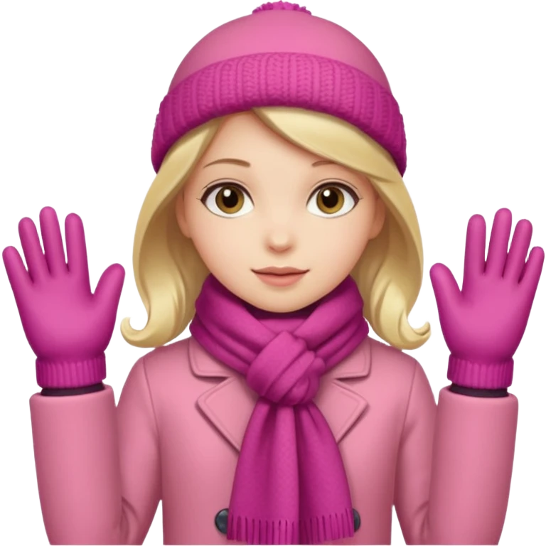 The girl is wearing a warm pink winter coat and a pair of woolen gloves. emoji