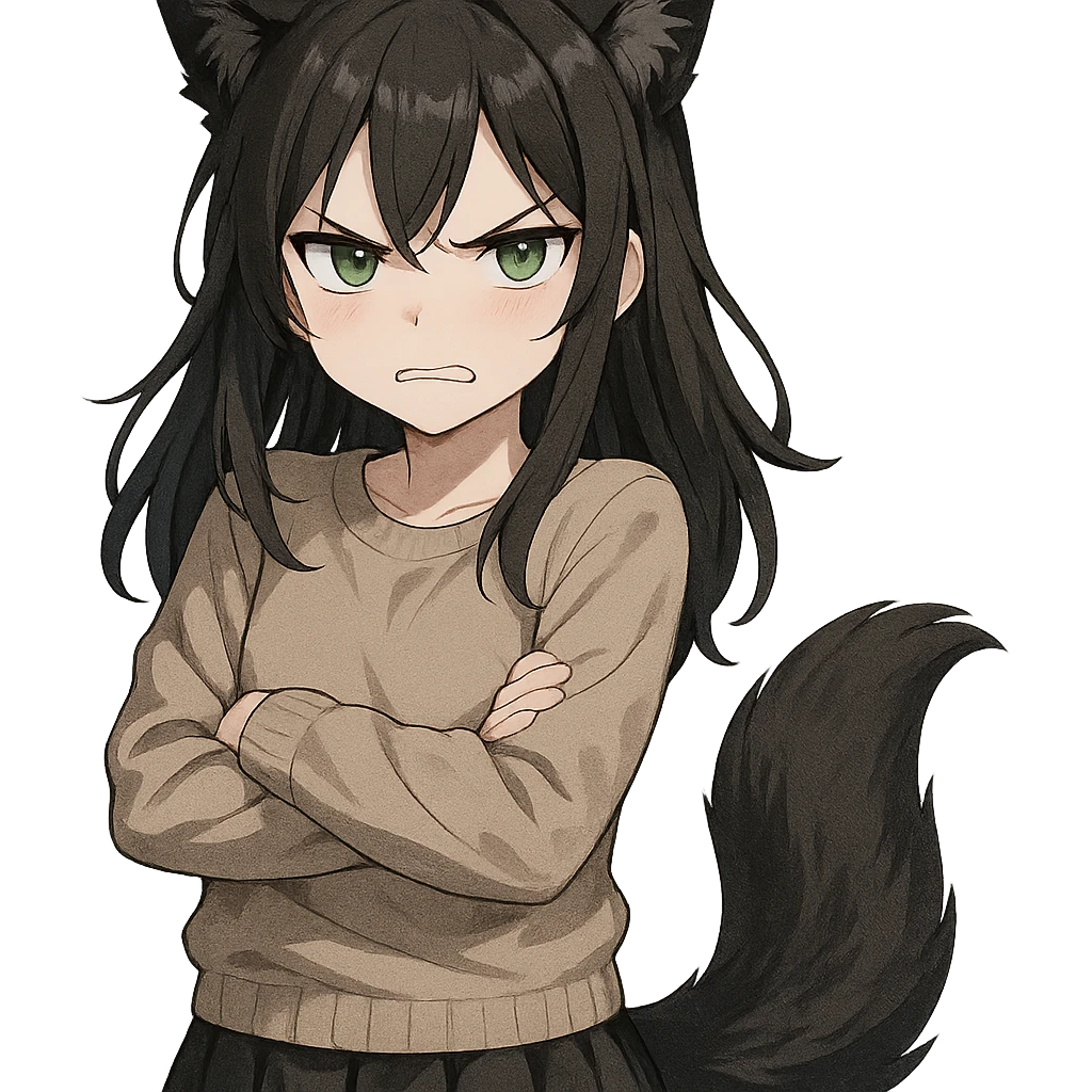 A girl with black fox ears and a tail, green eyes, dark hair, looking angry emoji