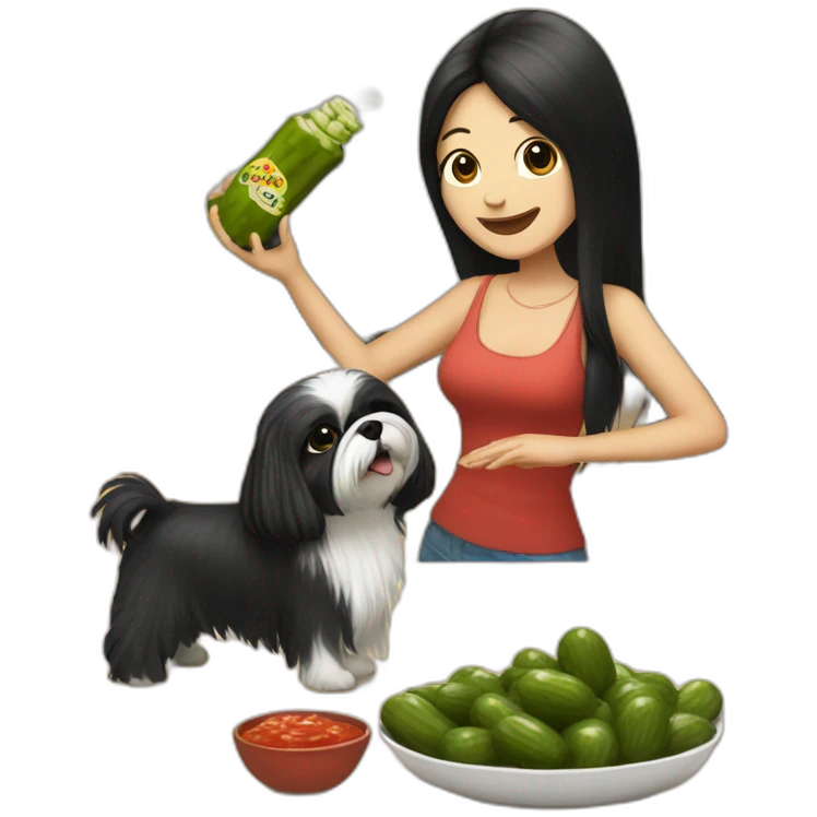 white woman with black long straight hair dancing salsa while eating pickles with a shih tzu dog emoji