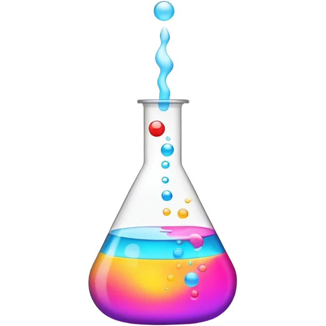 A bubbling chemistry flask filled with a glowing, colorful liquid. Tiny, unfinished emoji icons float above it, as if forming from the experiment. Soft mist rises from the flask, creating a mystical and creative atmosphere. Flat, minimalist digital illustration, empty state design, neutral background. emoji