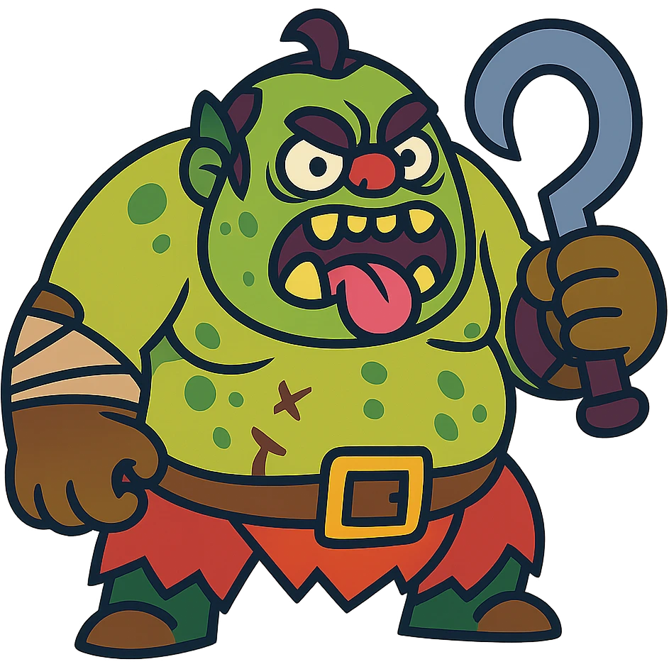 Cartoonish redesign of Pudge from Dota 2, exaggerated features, vibrant colors, playful style emoji