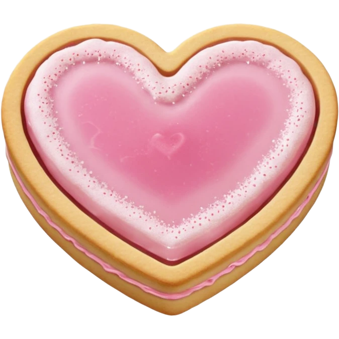 Realistic shortbread cookie in the shape of a heart with pale pink jelly middle filling and sprinkled powder sugar on top. emoji