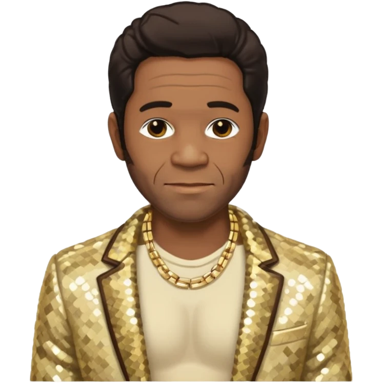Al Green with dark brown hair, cream sequin jacket, shirtless with necklace emoji