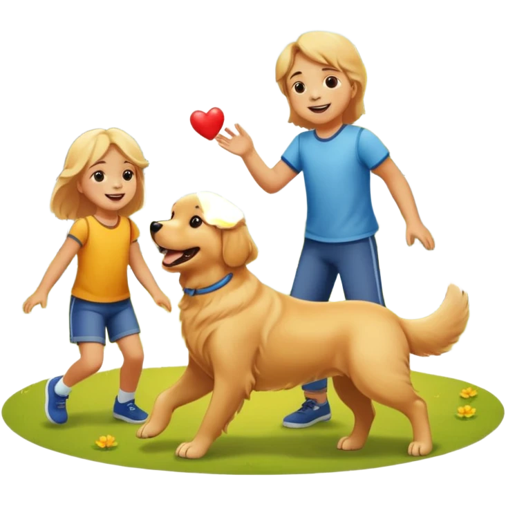 A Golden Retriever playing with children in a park, joyful interaction, warm sunlight, natural smiles, photorealistic family scene. emoji