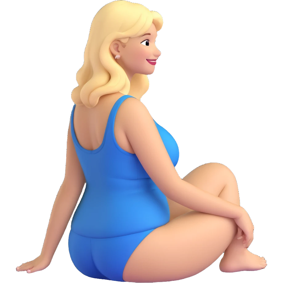 fullbody curvy blonde woman cartoon emoji style, back view, sitting on her feet, smiling, SFW, no explicit content emoji
