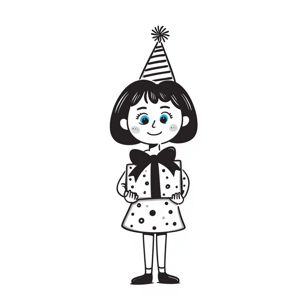 a girl with brown hair and blue eyes, holding a present and wearing a birthday hat, hand drawn doodle style emoji