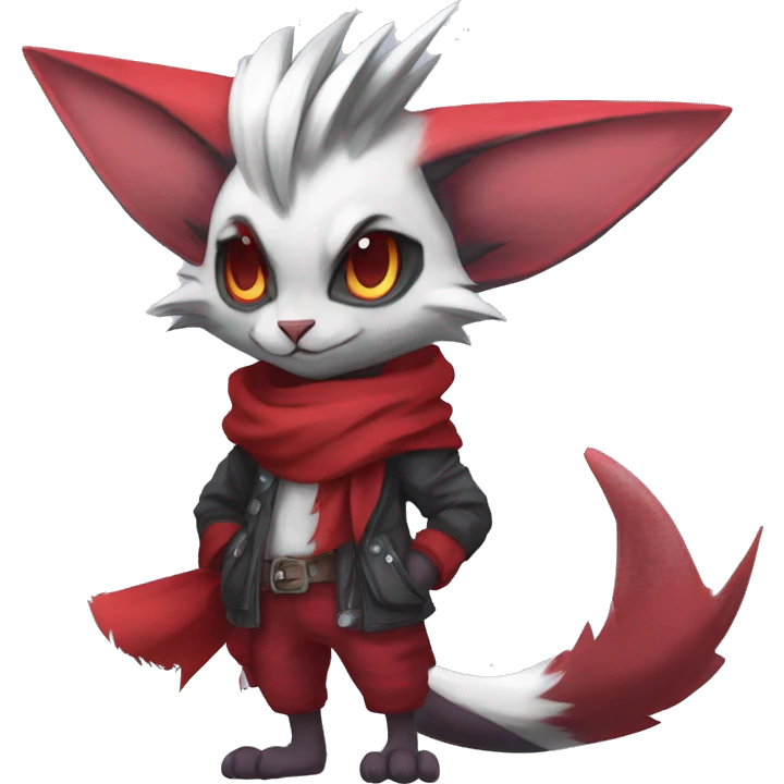 Cool Anthro Noivern-Zangoose-Litten-Sphynx-Feline-Pokémon with red scarf punk techwear cool fiddler-hat Full Body emoji